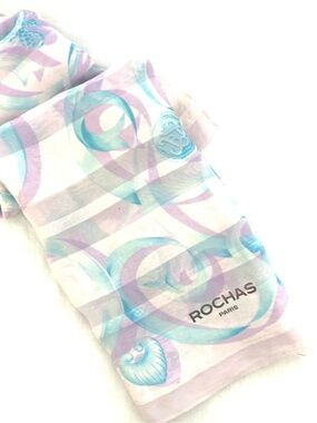 ROCHAS Paris Silk Square Vintage Scarf in Lavender & Aqua Swirls on White 34x34